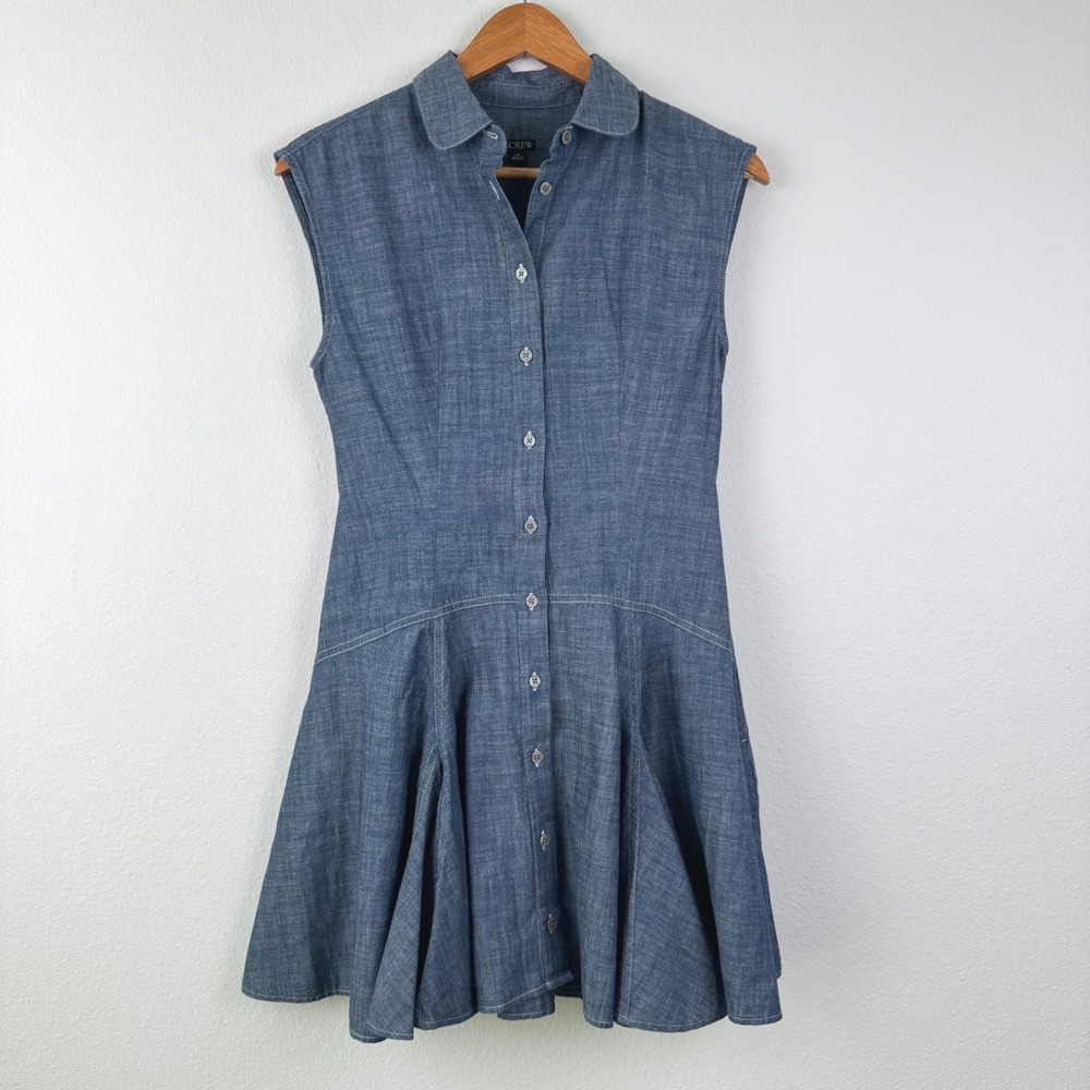 J.Crew Shirt Dress Women 4P Blue Excellent Cotton Chambray Sleeveless Flared